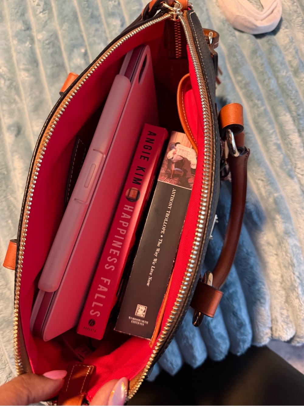 Dooney & Bourke Black Pebbled Leather Satchel with Brown Trim and Tassel - Picture 7 of 8